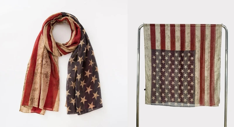 Fashion American Flag Oblong Scarfs Patriotic Stars Print Shawl Voile Soft Wrap Geometric Stripes Scarf