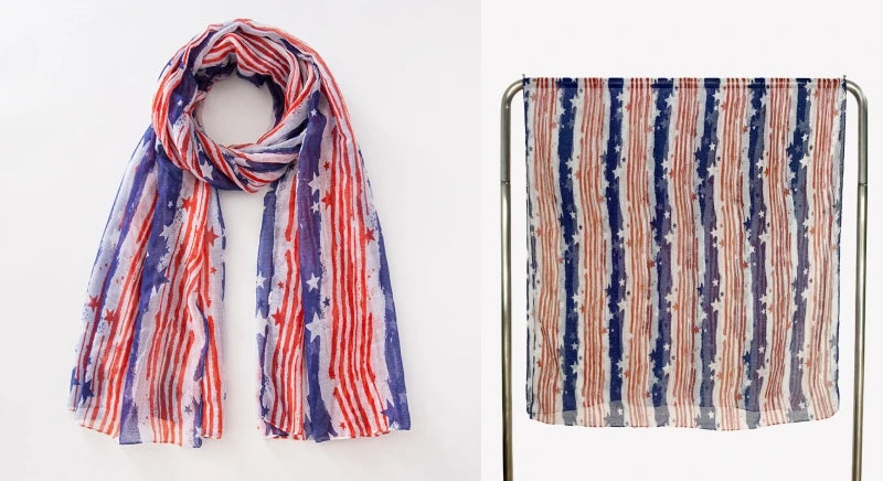 Fashion American Flag Oblong Scarfs Patriotic Stars Print Shawl Voile Soft Wrap Geometric Stripes Scarf