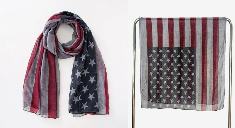 Fashion American Flag Oblong Scarfs Patriotic Stars Print Shawl Voile Soft Wrap Geometric Stripes Scarf