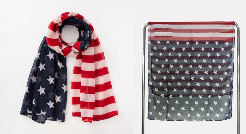 Fashion American Flag Oblong Scarfs Patriotic Stars Print Shawl Voile Soft Wrap Geometric Stripes Scarf
