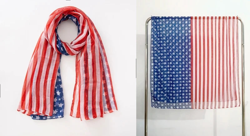 Fashion American Flag Oblong Scarfs Patriotic Stars Print Shawl Voile Soft Wrap Geometric Stripes Scarf
